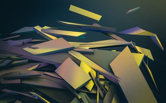 Abstract 3d rendering of chaotic structure. Dark background with futuristic shape in empty space.