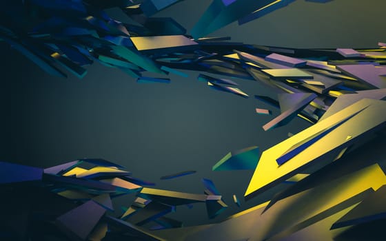 Abstract 3d rendering of chaotic structure. Dark background with futuristic shape in empty space.