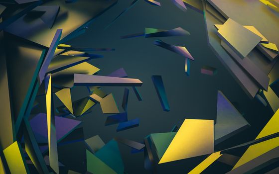 Abstract 3d rendering of chaotic structure. Dark background with futuristic shape in empty space.