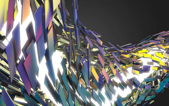 Abstract 3d rendering of chaotic structure. Dark background with futuristic shape in empty space.