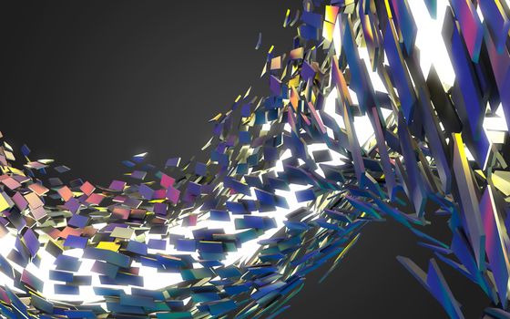 Abstract 3d rendering of chaotic structure. Dark background with futuristic shape in empty space.