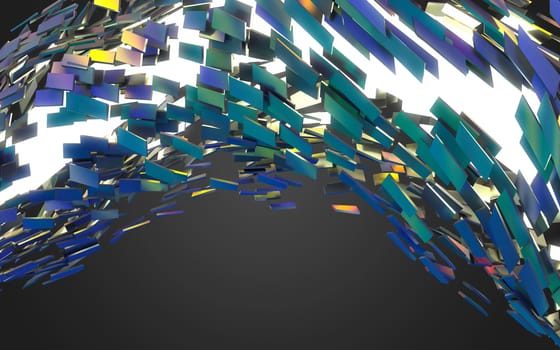 Abstract 3d rendering of chaotic structure. Dark background with futuristic shape in empty space.