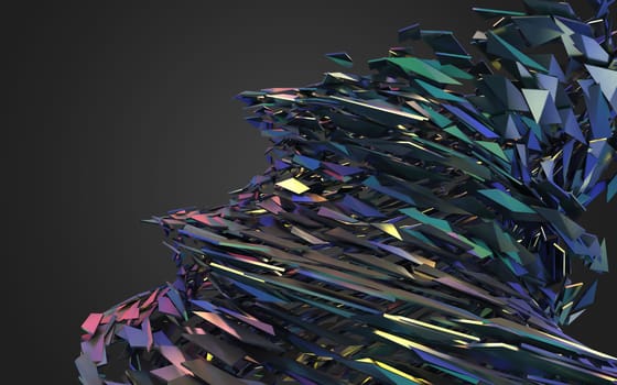 Abstract 3d rendering of chaotic structure. Dark background with futuristic shape in empty space.