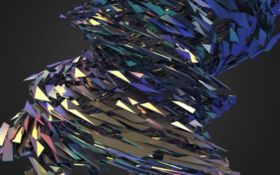 Abstract 3d rendering of chaotic structure. Dark background with futuristic shape in empty space.