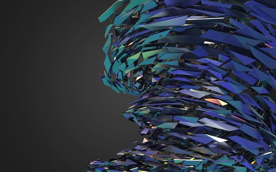 Abstract 3d rendering of chaotic structure. Dark background with futuristic shape in empty space.