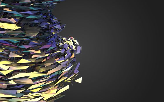 Abstract 3d rendering of chaotic structure. Dark background with futuristic shape in empty space.