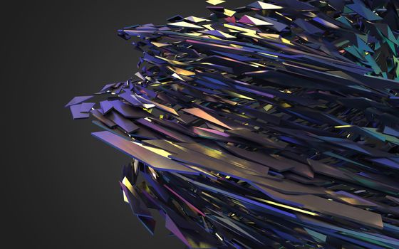 Abstract 3d rendering of chaotic structure. Dark background with futuristic shape in empty space.