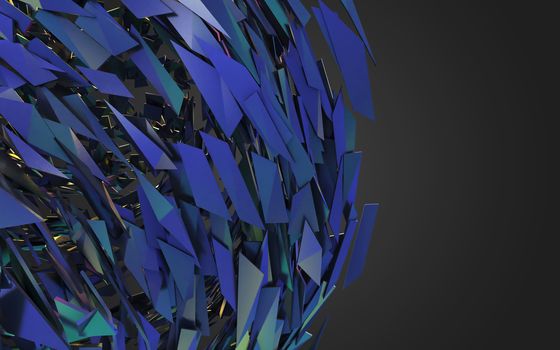 Abstract 3d rendering of chaotic structure. Dark background with futuristic shape in empty space.