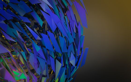 Abstract 3d rendering of chaotic structure. Dark background with futuristic shape in empty space.