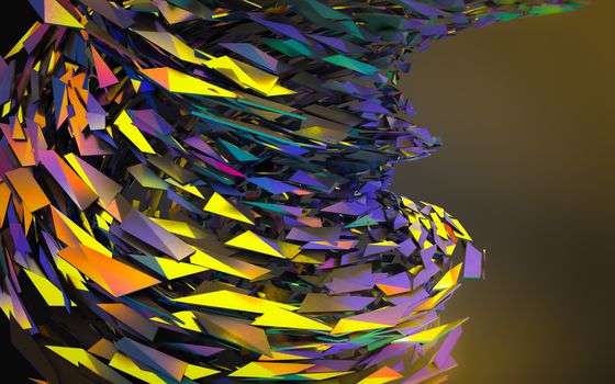 Abstract 3d rendering of chaotic structure. Dark background with futuristic shape in empty space.