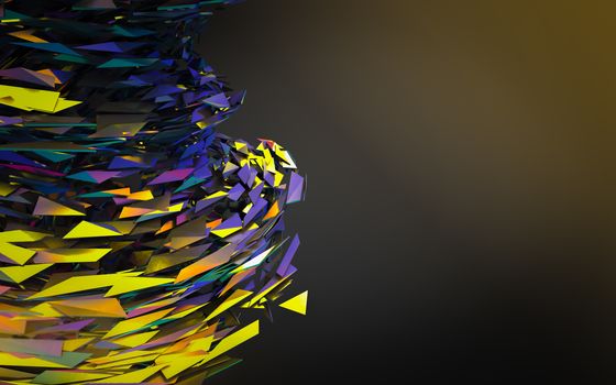 Abstract 3d rendering of chaotic structure. Dark background with futuristic shape in empty space.