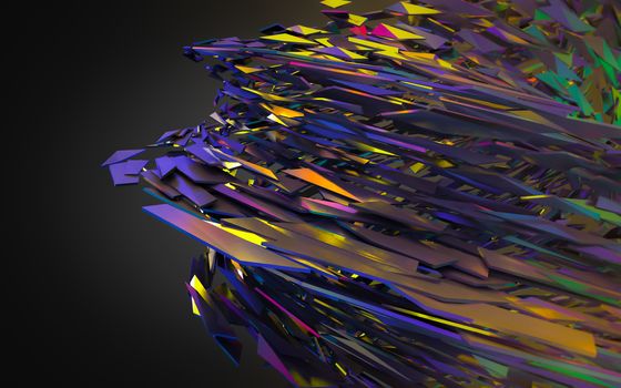 Abstract 3d rendering of chaotic structure. Dark background with futuristic shape in empty space.