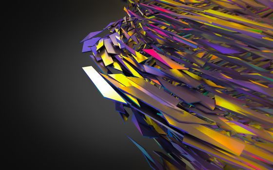 Abstract 3d rendering of chaotic structure. Dark background with futuristic shape in empty space.