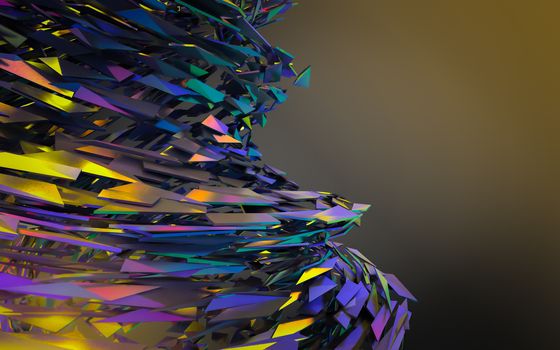 Abstract 3d rendering of chaotic structure. Dark background with futuristic shape in empty space.