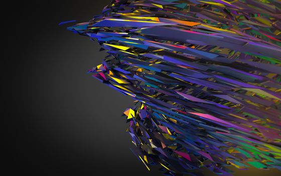 Abstract 3d rendering of chaotic structure. Dark background with futuristic shape in empty space.