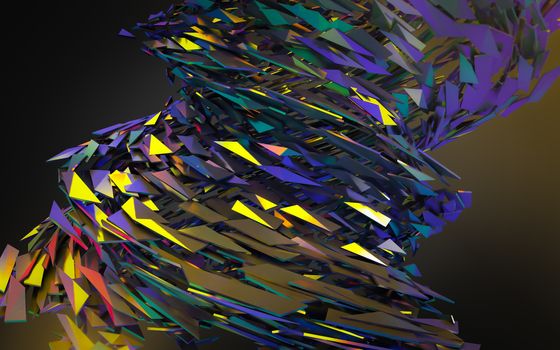 Abstract 3d rendering of chaotic structure. Dark background with futuristic shape in empty space.