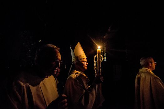 BRAZIL, Sao Paulo: Cardinal Odilo Scherer, the archbishop of São Paulo, leads the Easter prayers as churchgoers attend Easter mass and vigil at São Paulo See Metropolitan Cathedral on March 26, 2016. Christians around the world are marking the Holy Week, commemorating the crucifixion of Jesus Christ, leading up to his resurrection on Easter.