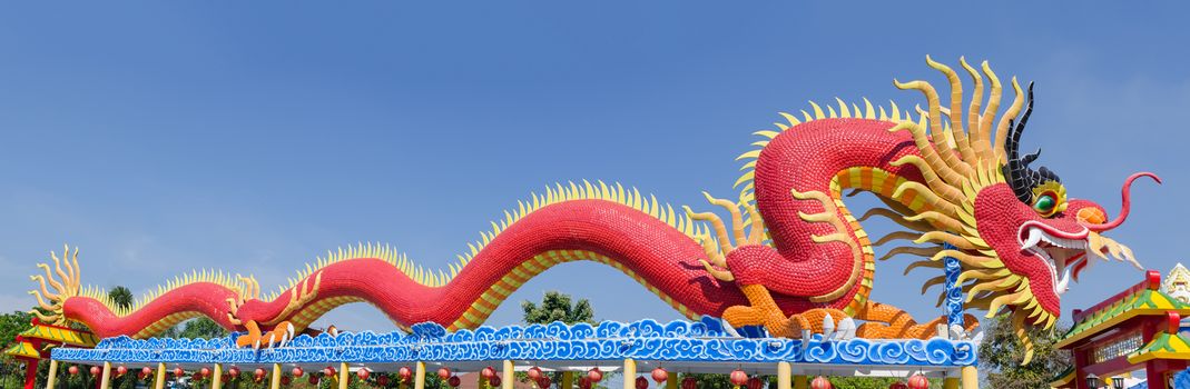 Panorama Chinese dragon in a public park image on blue backgrounds.