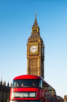 The Clock Tower, named in tribute to Queen Elizabeth II, more popularly known as Big Ben and iconic red buses.