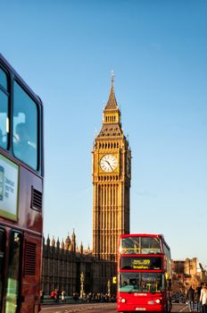 The Clock Tower, named in tribute to Queen Elizabeth II, more popularly known as Big Ben and iconic red buses.