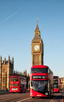 The Clock Tower, named in tribute to Queen Elizabeth II, more popularly known as Big Ben and iconic red buses.