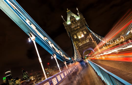 Tower Bridge (built 1886-1894) is a combined bascule and suspension bridge in London which crosses the River Thames.