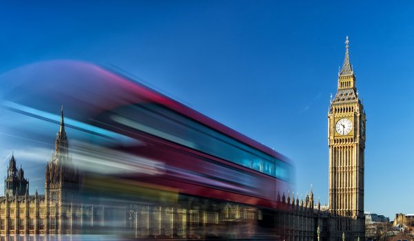 The Clock Tower, named in tribute to Queen Elizabeth II, more popularly known as Big Ben and iconic red buses.