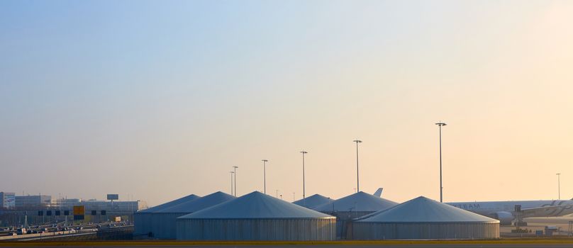 Amsterdam, Netherlands - March 11, 2016: Amsterdam Airport Schiphol in Netherlands. Fuel Storage Tank