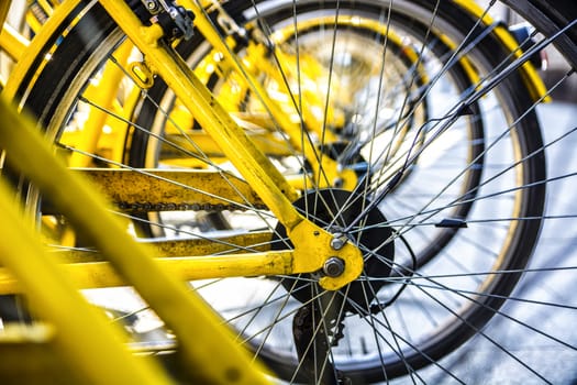 Yellow bike's wheel in row outdoor. Close-up.