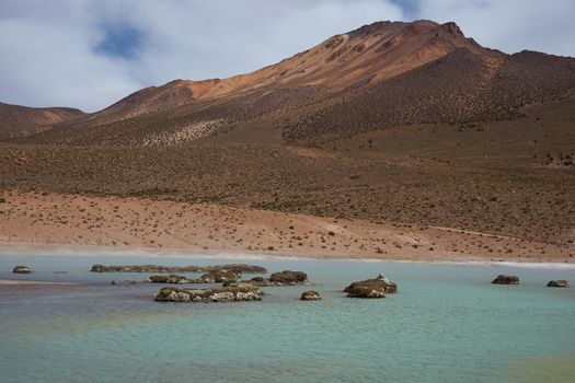 Hot spring at Salar de Surire, a salt lake over 4,000 metres high on the Altiplano of northern Chile in Vicunas National Park.