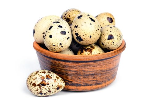 Few fresh quail eggs in a ceramic bowl isolated on white background.