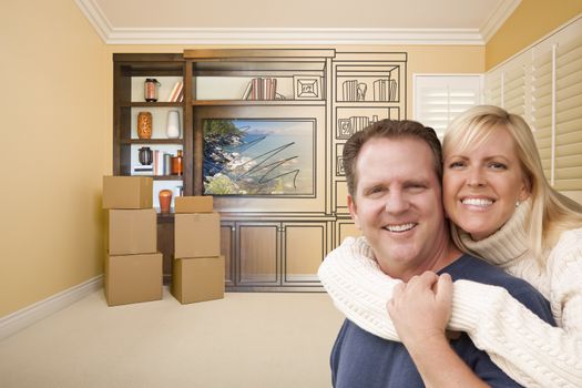 Young Couple In Room With Moving Boxes and Drawing of Entertainment Unit On Wall.