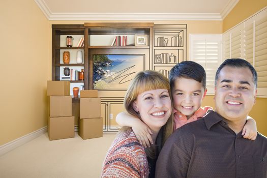 Happy Young Mixed Race Family In Room With Moving Boxes and Drawing of Entertainment Unit on Wall.