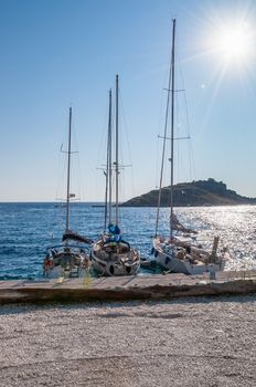 Yachts moored at Agios Nikolaos port, Zakynthos, Greece