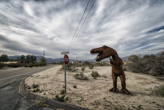 Artistic Metal Dinosaur Sculpture in the Desert, California