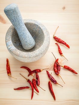 Dried Chillies on white wooden background with mortar and pestle. Selective focus depth of field.