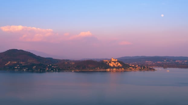 Fortress of Angera (Rocca di Angera), view from Arona at sunset, lake Maggiore,Italy.