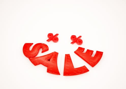Dimensional word of SALE and percents near it. Like a smile. 3D illustration.