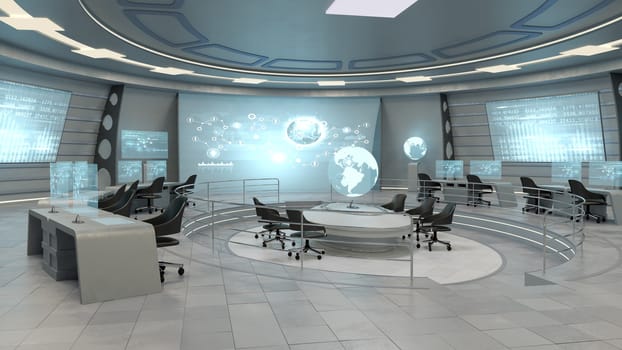 Futuristic interior view of office with holographic screen, technology concept. 3D rendering