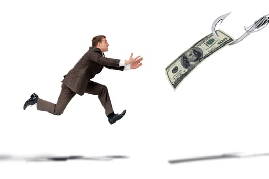 Businessman trying to catch dollar isolated on white background