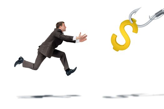 Businessman trying to catch dollar sign isolated on white background