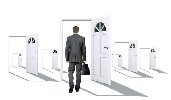 Businessman in front of doors, rear view. Choice concept