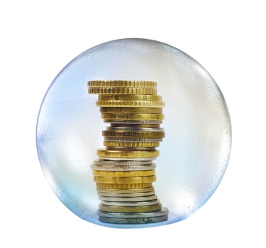 Coins in soap bubble isolated on white backgound