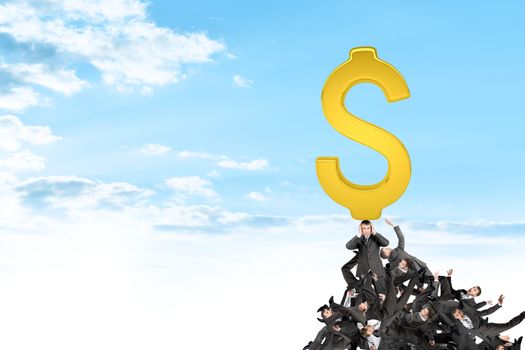 Pile of businessmen with gold dollar sign on top, business concept