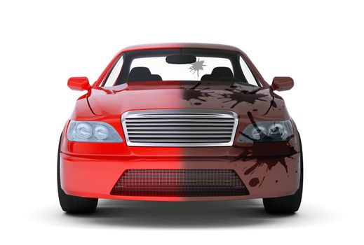 Red car with dirty side isolated on white background. 3D rendering