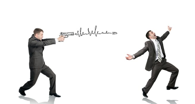 Businessman shooting  another man isolated on white background