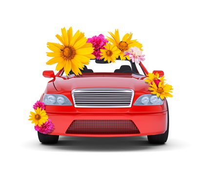 Car with flowers isolated on white background. 3D rendering