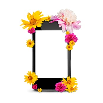 Smartphone with flowers isolated on white background