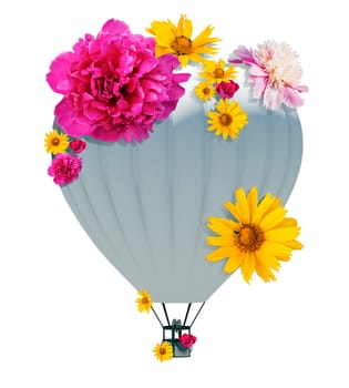 Hot air balloon with flowers isolated white background. 3D rendering