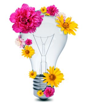 Light bulb with flowers with flowers isolated white background. 3D rendering
